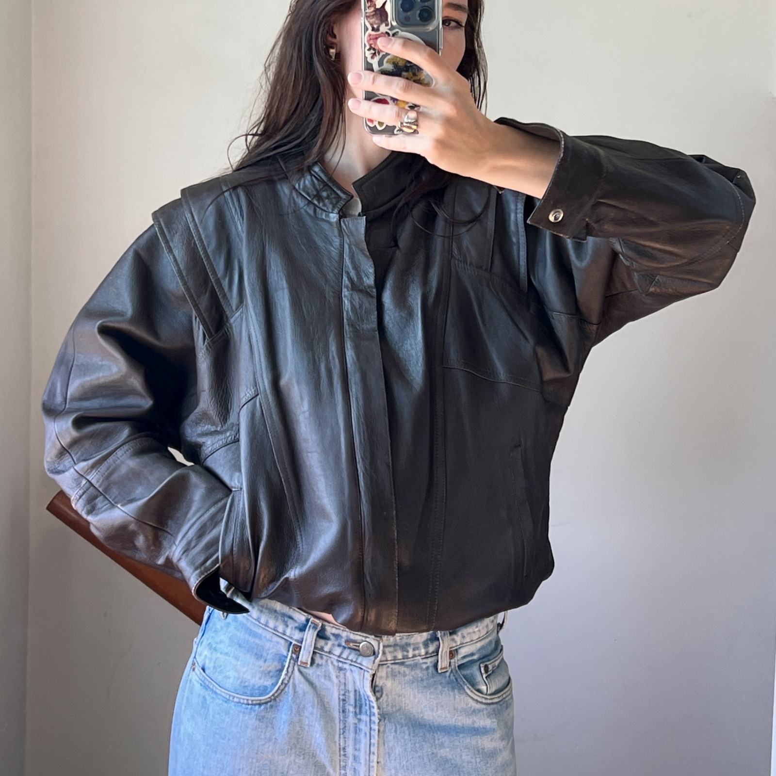 Vintage 80s Leather Jacket Large Brown Oversized Bomber Bold Shoulder Moto Zip